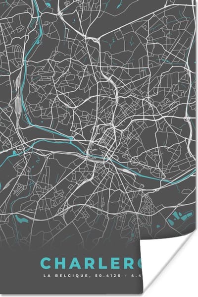 Poster Stadskaart – Grijs - Kaart – Charleroi – België – Plattegrond - 120x180 cm XXL