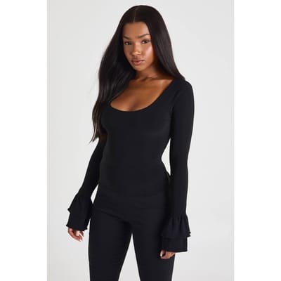 boohoo Dames Slinky scoop-hals top met belmouwen | Zwart | Maat: 38
