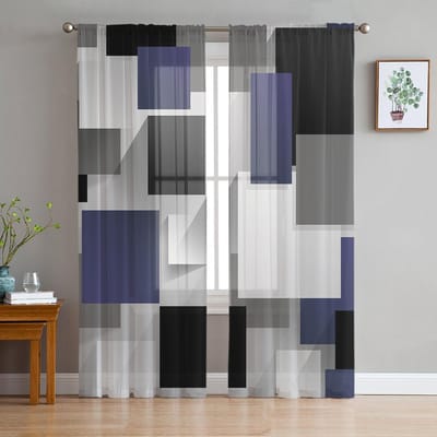 Geometrisch Marineblauw Grijs Zwart Abstracte Transparante Gordijnen voor Woonkamer Decoratie Raamgordijnen Keuken Tule Voile Gordijnen W135 x H115cm x1 gray