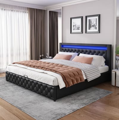 MEUNIQ gestoffeerd bed 160 x 200 cm met lattenbodem, opbergruimte onder bed en LED-hoofdbord, tweepersoons bedframe voor slaapkamer of logeerkamer, zwart