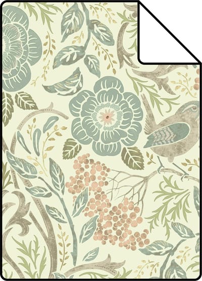 Proefstaal ESTAhome behang bloemen en vogels in art nouveau stijl vergrijsd blauw, bruin en oudroze - 26.5 x 21 cm - 139323-S