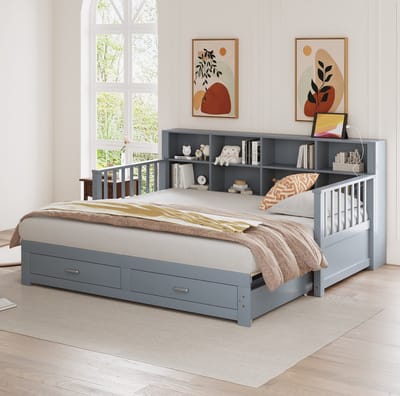 MEUNIQ uitschuifbare slaapbank 90x190/180x190 cm met 2 lades, opbergvakken in rugleuning, stopcontact en lattenbodem, houten bed voor slaapkamer, grijs