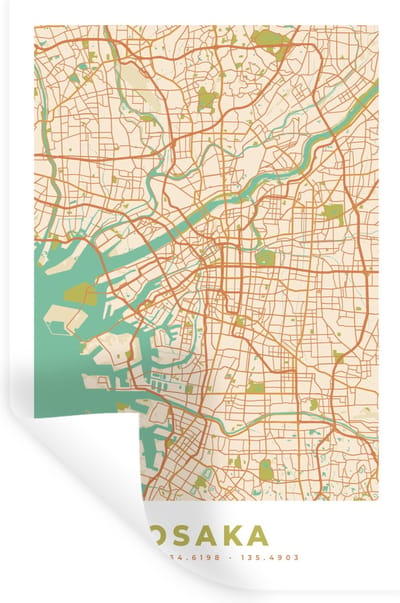 Muurstickers - Sticker Folie - Osaka - Stadskaart - Vintage - Plattegrond - Kaart - 20x30 cm - Plakfolie - Muurstickers Kinderkamer - Zelfklevend Behang - Zelfklevend behangpapier - Stickerfolie