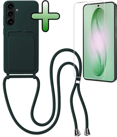 Hoes Geschikt voor Samsung S26 Hoesje Met Koord Met Screenprotector - Telefoonhoesje Geschikt voor Samsung Galaxy S26 Backcover Met Afneembaar Koord - Donkergroen