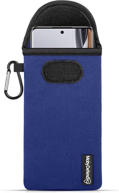 MobyDefend Hoesje - Geschikt voor Oppo Reno10 / Oppo Reno10 Pro - Neopreen Pouch Met Karabijnhaak - Insteek - Riemlus - Blauw