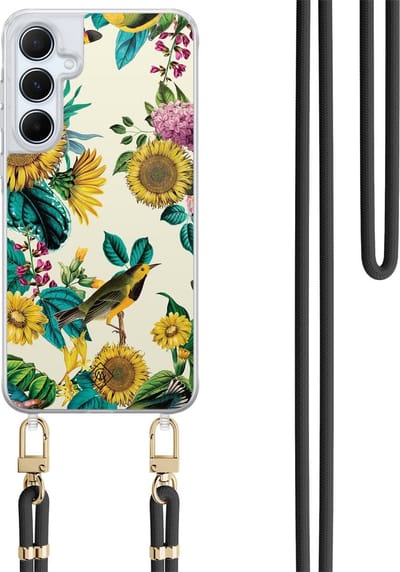 Casimoda® hoesje met koord - Geschikt voor Samsung A35 - Zonnebloemen / Bloemen - Afneembaar koord - TPU/polycarbonaat - Geel