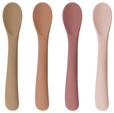 Siliconen Baby Lepeltjes - Babylepels – 4-delige Set (Roze, Roestbruin, Bruin) – Zachte Oefenlepels – Babylepeltje - Vanaf 6 Maanden – BPA-vrij & Veilig – 13 cm - Ergonomische S-Vorm