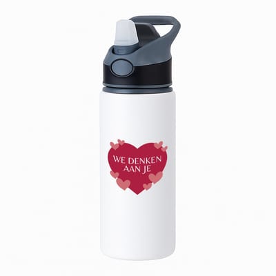Hacebo® - We denken aan je hartje en kleine hartjes waterfles met rietje zwart - iemand die door een moeilijke tijd gaat - moeilijke tijd - ziek - koorts - snel beter worden - cadeau - beterschap cadeau - kado - gift - water fles - 650ML