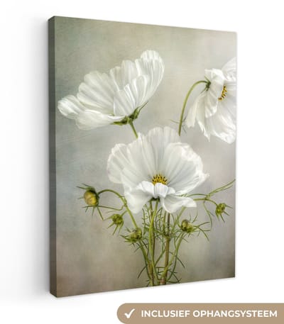 Canvas schilderij 30x40 cm - Wanddecoratie Bloemen - Stilleven - Klaproos - Wit - Botanisch - Muurdecoratie woonkamer - Slaapkamer decoratie - Kamer accessoires - Schilderijen op canvas