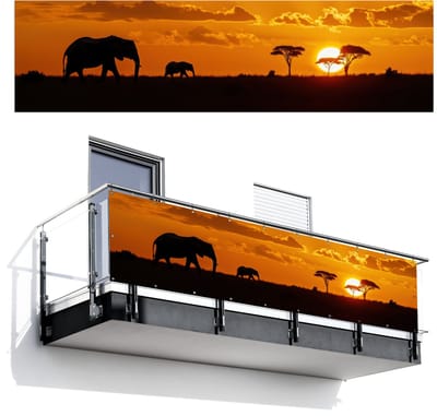 Balkonscherm 300x80 cm - Balkonposter Olifanten - Savanne - Zonsondergang - Balkon scherm decoratie - Balkonschermen - Balkondoek zonnescherm