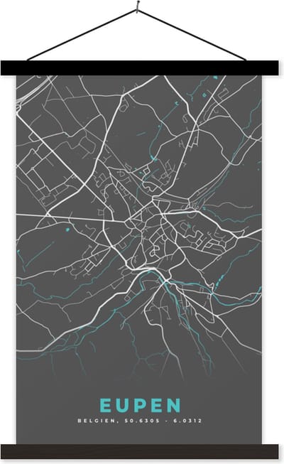 Posterhanger incl. Poster 40x60 cm - Schoolplaat - Plattegrond – Eupen – Blauw – Stadskaart - Kaart - Textielposter - Zwarte latten - Stadskaart