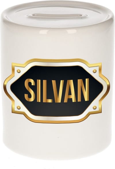 Spaarpot met voornaam Silvan - wit - met goud/zwart embleem - 8 x 9 cm - keramiek - met afsluitdop - cadeau verjaardag
