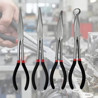 Set van 4 Lange Tangen: 28 cm Rechte Tip, 45 Graden, 90 Graden en Lange Circulaire Tangen voor Industrie, Bouw en Automobielonderhoud
