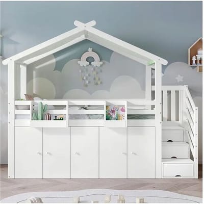 KOMHTOM Kinderstapelbed 90x200cm, met kleerkast en opbergmeubel, grenen + MDF + kurk, wit + groen