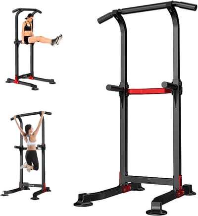 Power Tower Optrekstang - Fitness Toren Krachttraining - Thuis Trainen - In Hoogte Verstelbaar - 210 cm - Zwart Rood