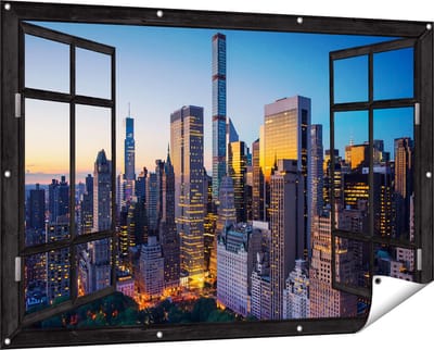 Gards Tuinposter Doorkijk New York bij Zonsopgang - 150x100 cm - Tuindoek - Tuindecoratie - Wanddecoratie buiten - Tuinschilderij