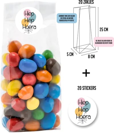 20 Uitdeelzakjes + 20 sluitstickers | Ballonnen | Hiep Hiep Hoera | 20 Stickers & 20 zakjes | Cellofaanzakjes | Transparant | Snoepzakjes | Uitdelen | Afscheid | Inpakzakjes | Kinderfeestje | 4 cm glossy stickers | 8x5x25cm zakjes