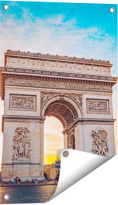 Gards Tuinposter Arc de Triomphe in Parijs met Zonsondergang - 40x60 cm - Tuindoek - Tuindecoratie - Wanddecoratie buiten - Tuinschilderij