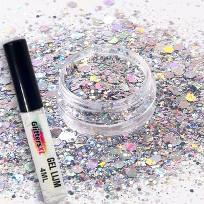 Festival Chunky Glitters Zilver 8g + Glitter Huid Lijm 4ML - Biologisch Afbreekbaar - Glitter voor Lichaam en Gezicht - Face & Body Make-up Jewels - Glitter Tattoo Set - Glitter Tattoo Set - Carnaval Accessoires - Carnaval Glitters Gezicht