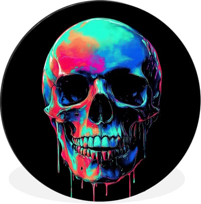 WallCircle - Wandcirkel - Muurcirkel - Schedel - Graffiti - Blauw - Kleurrijk - Aluminium - Dibond - 30x30 cm - Binnen en Buiten