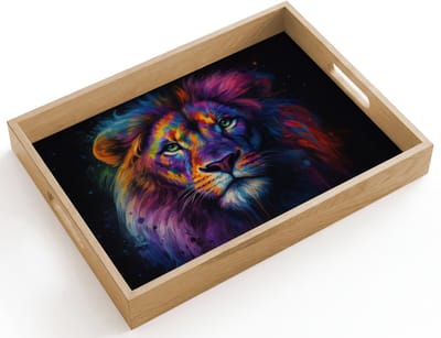 Dienblad hout 40x30 cm - Schootdienblad - Leeuwenkop - Felgekleurd - Abstract - Borrelplank rechthoek - Plateau dienbladen