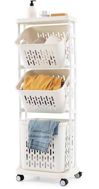 COSTWAY Wasmand met 3 verdiepingen op wieltjes, wasmand met 3 manden en handvat, wasverzamelaar met metalen frame, wassorteerder voor badkamer, waskeuken, wit