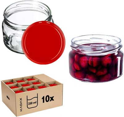 KADAX Kleine inmaakpotten, 250 ml, jampotten met deksel, luchtdichte potten om cadeau te geven, mini-potten voor honing en specerijen (10 stuks, rood)
