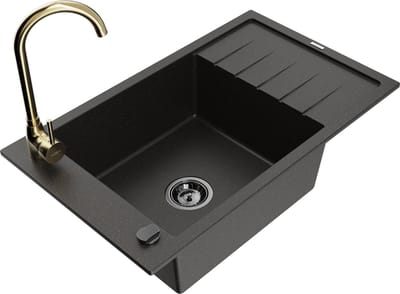 Mexen Elias granieten spoelbak 1-koer met afdruiprek en keukenkraan Telma, zwart/goud - 6511-75-670200-50-B