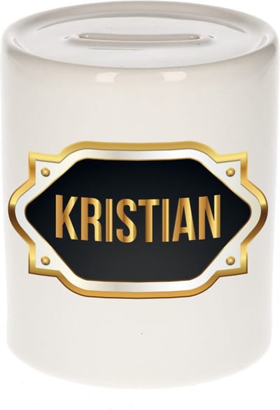 Spaarpot met voornaam Kristian - wit - met goud/zwart embleem - 8 x 9 cm - keramiek - met afsluitdop - cadeau verjaardag