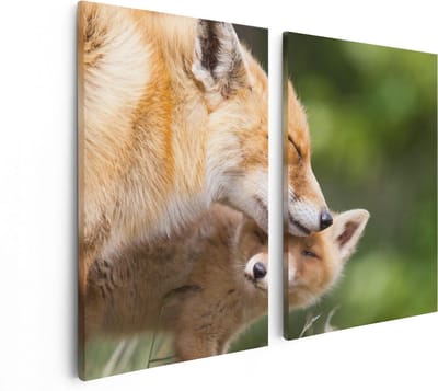 Artaza Canvas Schilderij Tweeluik Moeder Vos met haar Welp  - 80x60 - Foto Op Canvas - Canvas Print