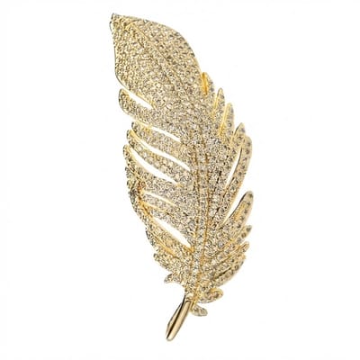 Goudkleurige broche veer dames met strass stenen elegante broche speld veer vorm decoratief accessoire voor kleding jas blouse of sjaal