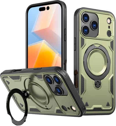 Hoesje Geschikt voor iPhone 17 Pro Hoesje Groen - Geschikt voor MagSafe Armor Hoesje met Met Draaibare Ring Houder