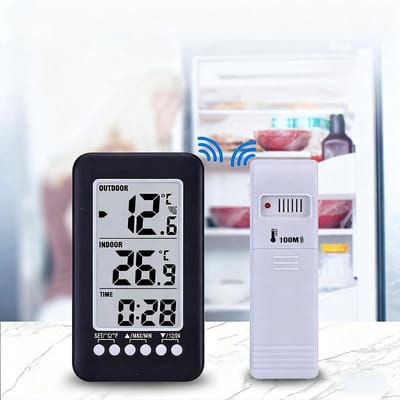 Digitale Draadloze Binnen-/Buitenthermometer - Zwart - 130 x 40 x 22 mm - Temperatuurmeter met Klok en Zender - Voor Thuisgebruik