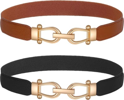Dames Skinny Stretch Riemen Set van 2, Elastische Tailleband met Gouden Gesp voor Jurken en Spijkerbroeken
