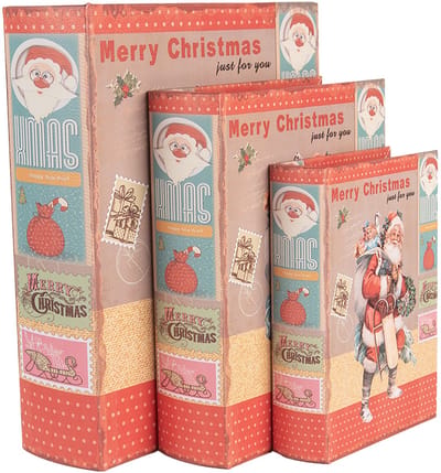 Clayre & Eef Opbergdoos Set van 3 Boeken 27 /22 /17 cm Rood Hout Kerstman