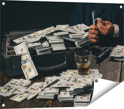 Gards Tuinposter Dollar Geld Briefjes op Tafel van de Maffia - 80x60 cm - Tuindoek - Tuindecoratie - Wanddecoratie buiten - Tuinschilderij