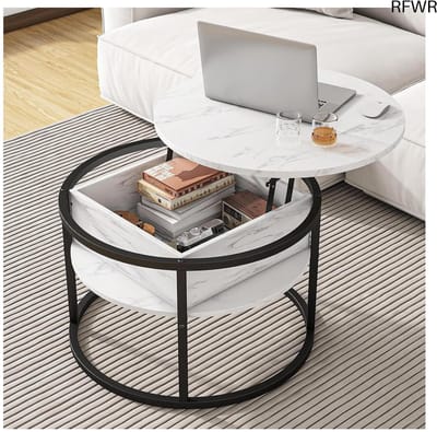 RFWR® Ronde salontafel met hefplaat en opbergruimte - Hoogte verstelbare koffietafel voor woonkamer