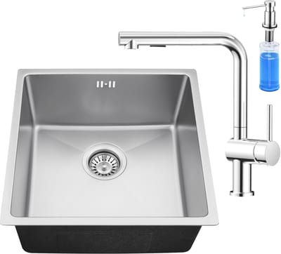 Auralum max Spoelbak voor keuken 44x44CM - Spoelbak Keuken Met L-uitloop Keukenkraan en Zeepdispenser 300ML - Wasbak Keuken Met Waterafvoersysteem - Past op 45 cm kasten - RVS