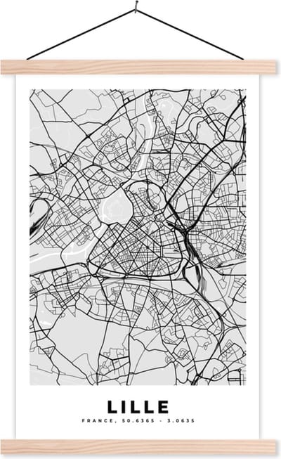 Posterhanger incl. Poster 40x60 cm - Schoolplaat - Plattegrond - Lille - Stadskaart - Kaart - Frankrijk - Textielposter - Blanke latten - Stadskaart