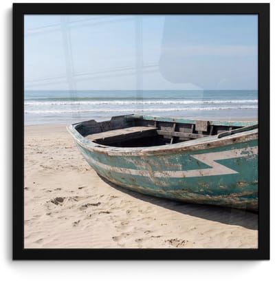 Poster in lijst - Fotolijst 40x40 cm - Posters - Boot - Zandstrand - Zee - Posterlijst zwart - Decoratie - Wanddecoratie woonkamer - Muurdecoratie slaapkamer