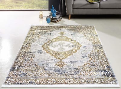 Flycarpets Hana Wasbaar Vintage Vloerkleed - Grijs / Goud- Laagpolig Tapijt Woonkamer - 200x290 cm