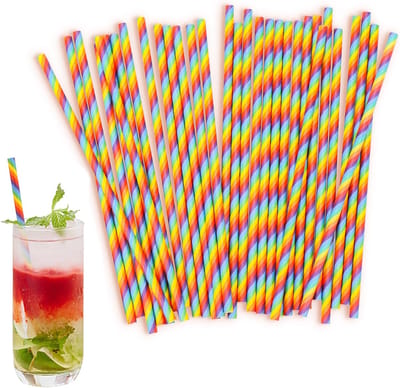 Rietjes, 19,6 cm, regenbooggestreepte rietjes, papier, biologisch afbreekbaar, milieuvriendelijk, cocktailrietjes voor restaurants, bars, feesten, koffie, sap