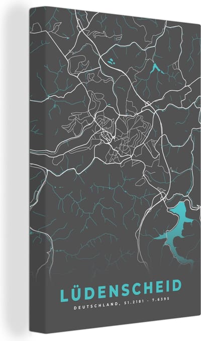 Canvas Schilderij Blauw – Duitsland – Plattegrond – Stadskaart – Kaart – Lüdenscheid - 20x30 cm - Wanddecoratie