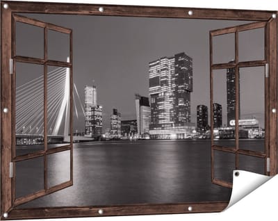 Gards Tuinposter Doorkijk Rotterdamse Skyline - Zwart Wit - 120x80 cm - Tuindoek - Tuindecoratie - Wanddecoratie buiten - Tuinschilderij