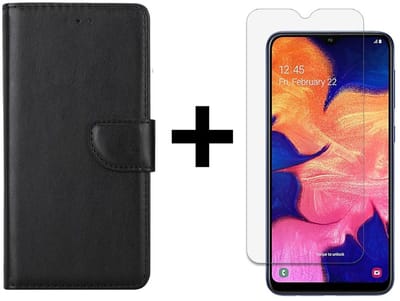 Ntech Hoesje Geschikt Voor Samsung Galaxy A10 Portemonnee Hoesje - Zwart +Glazen Screenprotector
