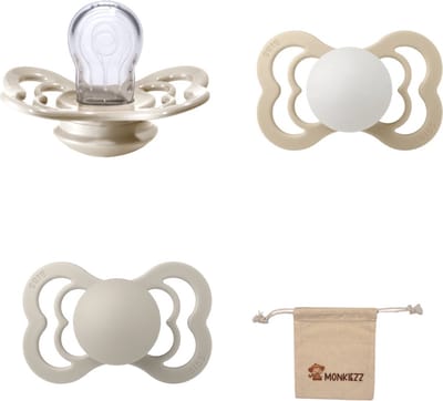 BIBS Supreme Fopspenen - Maat 1 0-6 maanden - Silicone – Vanilla - Sand – Glow in the dark Vanilla + Monkiezz speenzakje