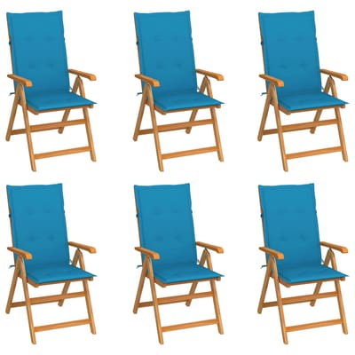 vidaXL - Inklapbare - stoelen - 6 - st - met - blauwe - kussens - massief - teakhout