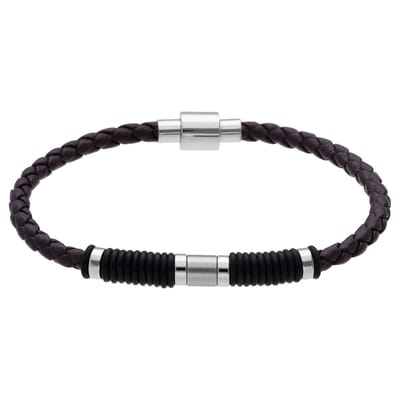 Lucardi - Heren Stainless steel herenarmband leer gevlochten zwart - Armband - Staal - Zilverkleurig - 20 cm