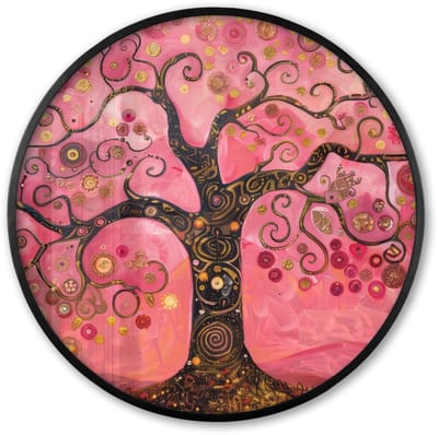 Poster in lijst Rond - Fotolijst 60x60 cm - Posters - Boom - Levensboom - Roze - Goud - Ronde posterlijst zwart - Decoratie - Wanddecoratie woonkamer - Muurdecoratie slaapkamer