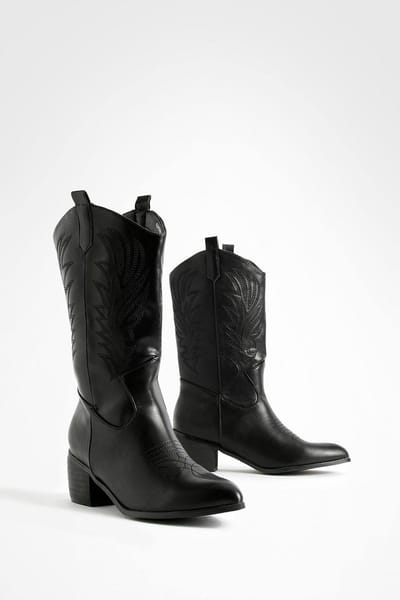 boohoo Dames Wide Fit Tab-detail Enkel Cowboy Western Laarzen | Black | Maat: 3